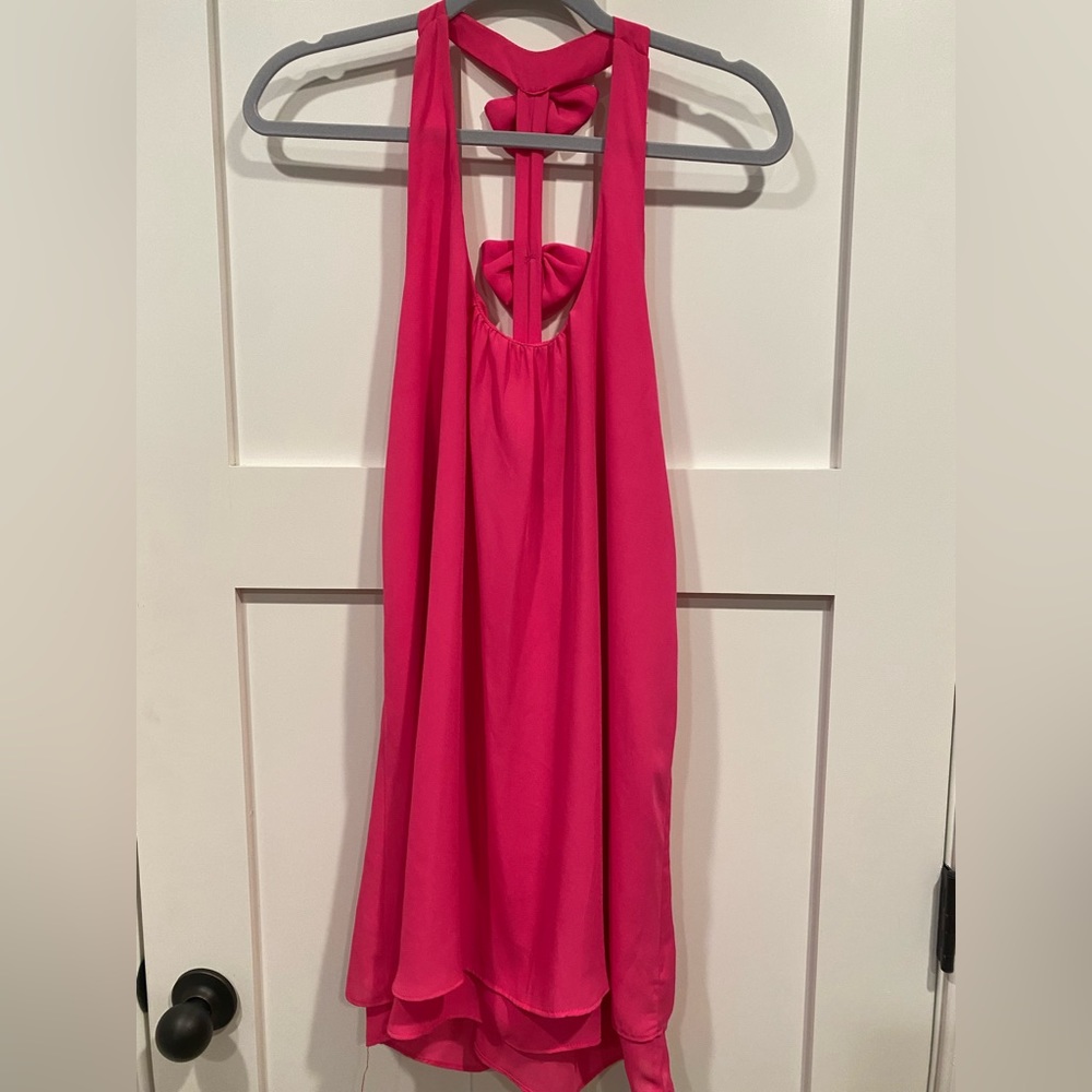 Love Lucy Love hot pink cocktail dress with bows on back.